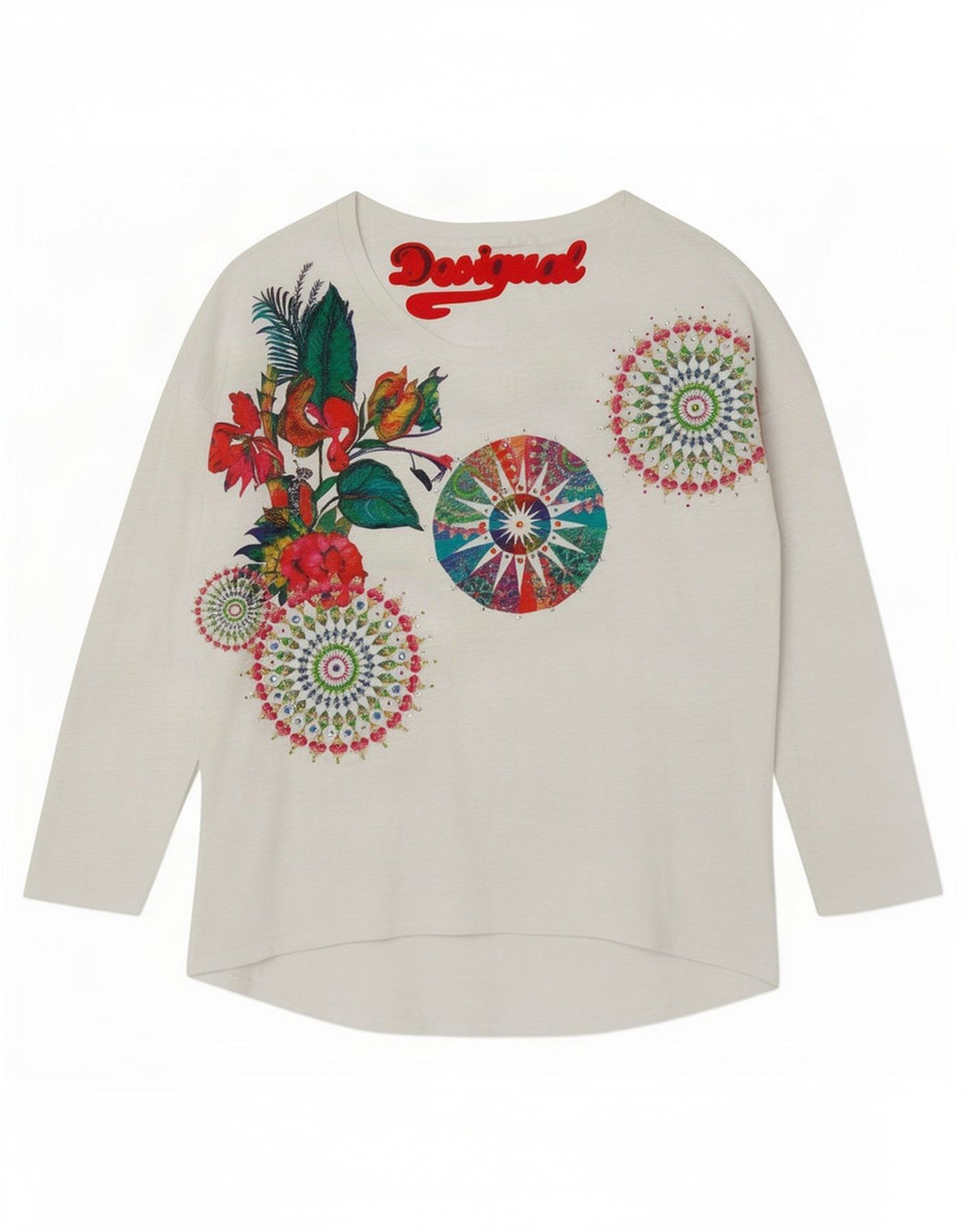 Desigual Donna Graphic Top Manica Lunga UK 16 Large Bianco