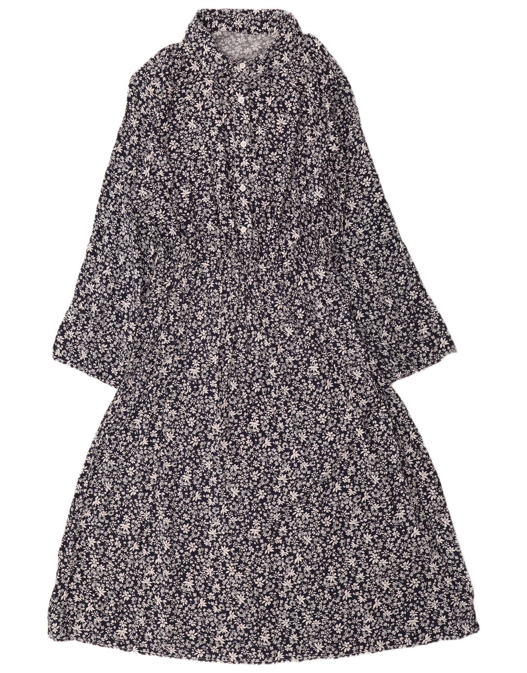 Abito maxi a maniche lunghe da donna VINTAGE UK 14 Grande cotone floreale blu navy