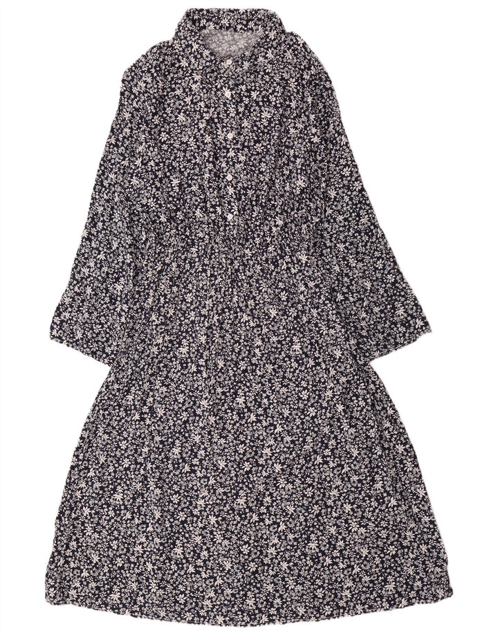 Abito maxi a maniche lunghe da donna VINTAGE UK 14 Grande cotone floreale blu navy