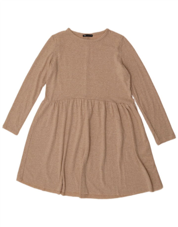 Abito a trapezio a maniche lunghe da donna Zara UK 12 Poliestere screziato beige medio