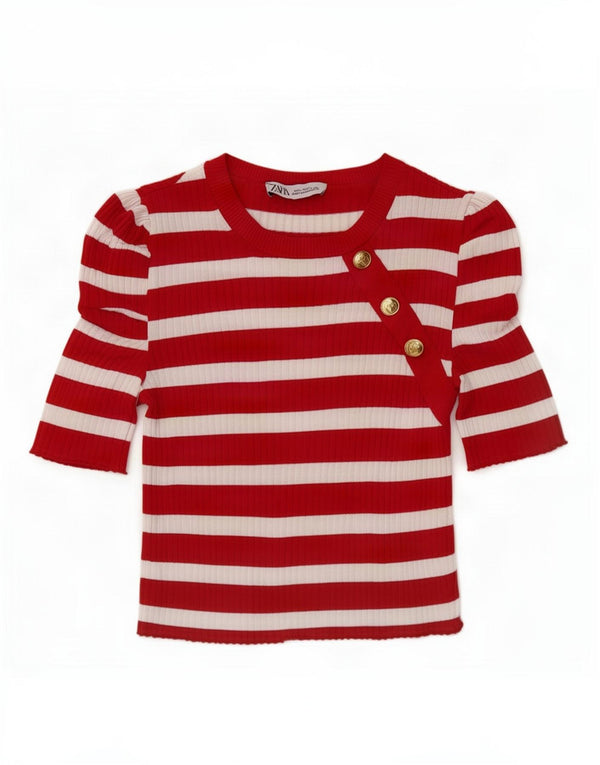 Top corto da donna Zara manica 3/4 UK 14 viscosa a righe rosse grandi