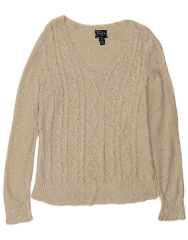 Chaps Womens V-Neck Jumper Sweater UK 16 Large Off White Flecked Cotton