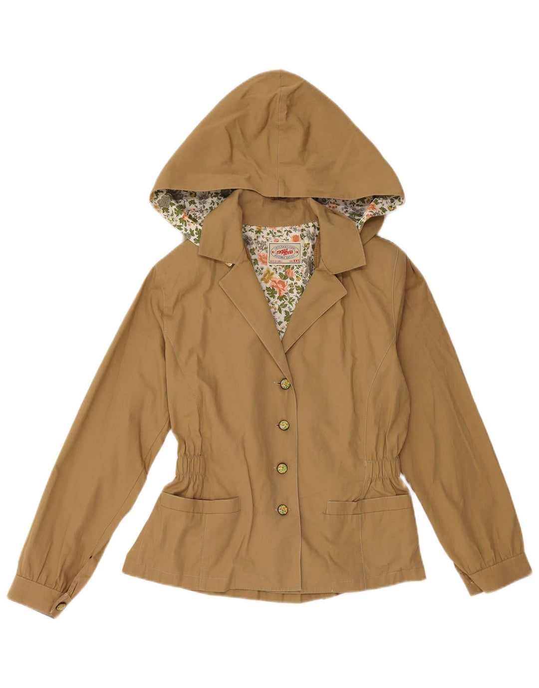 Giacca blazer con cappuccio a 4 bottoni da donna VINTAGE taglia 6 2XS cotone marrone