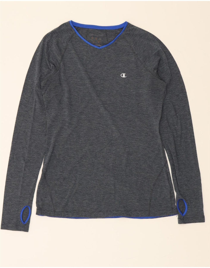 CHAMPION Womens Top Long Sleeve UK 10 Small Grey Pinstripe Polyester Vintage Champion and Second-Hand Champion from Messina Hembry 