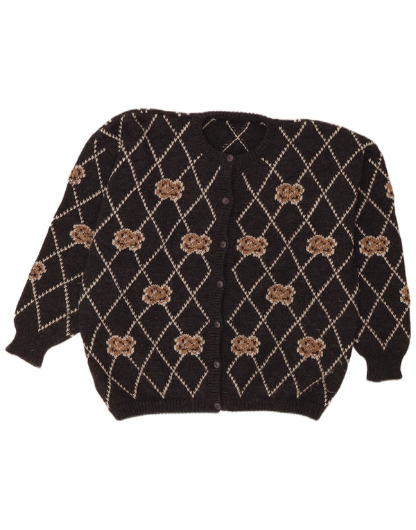 Maglione cardigan oversize da donna vintage UK 16 grande grigio a rombi/diamante