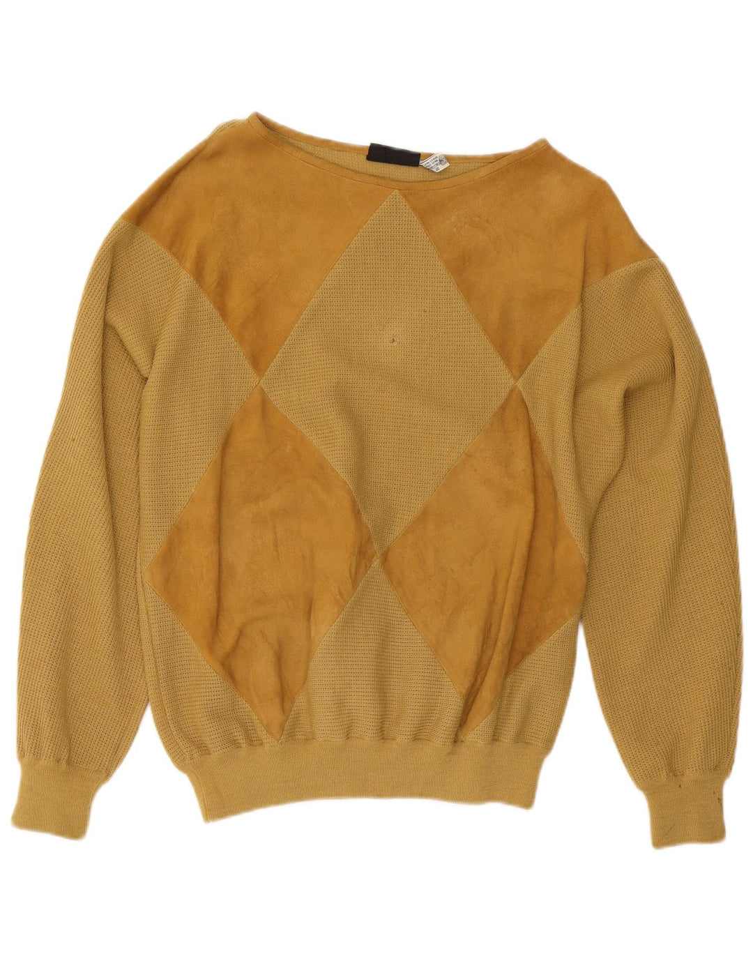 De Pletrl Maglione da uomo con scollo a barca in pelle scamosciata, beige medio, a rombi/diamante