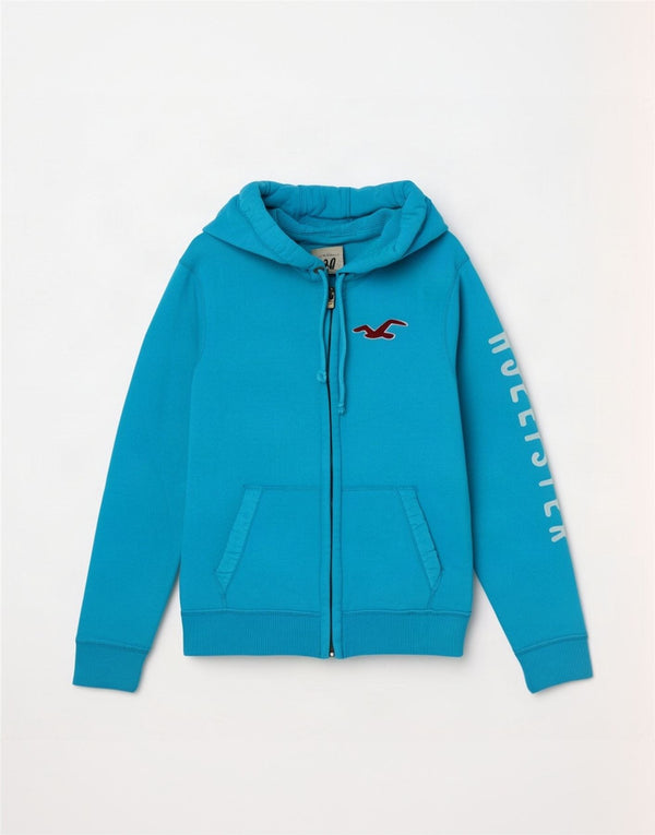 Felpa con cappuccio e zip grafica Hollister da uomo in cotone blu medio