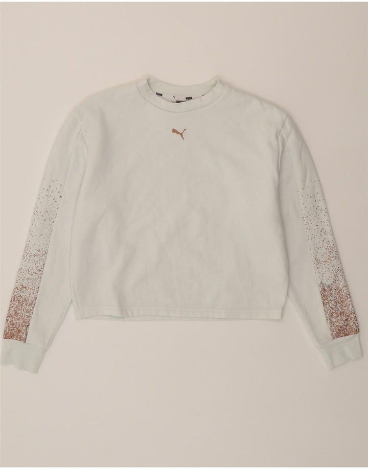 PUMA Womens Oversized Crop Sweatshirt Jumper UK 6 XS White Cotton Vintage Puma and Second-Hand Puma from Messina Hembry 
