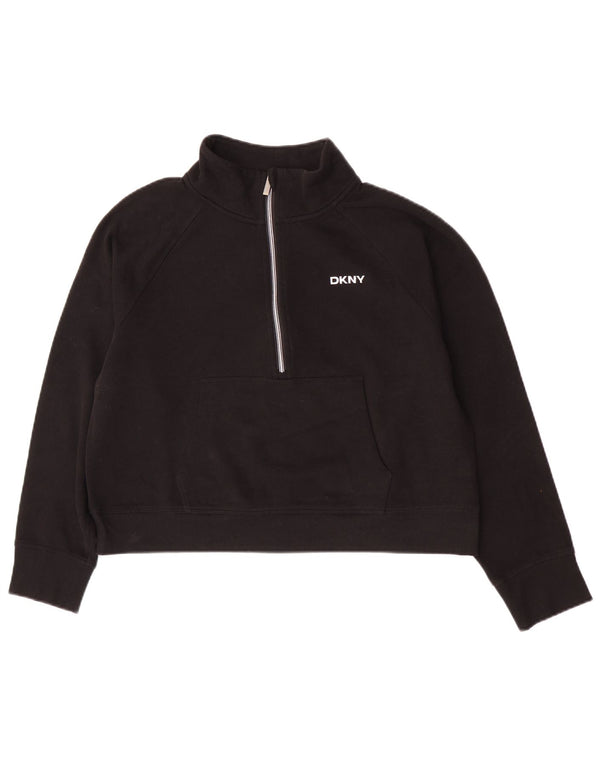 Felpa da donna Dkny con collo corto e zip, maglione, UK 16, grande, cotone nero