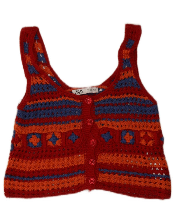 Top corto all'uncinetto senza maniche da donna Zara UK 8 piccolo cotone geometrico rosso