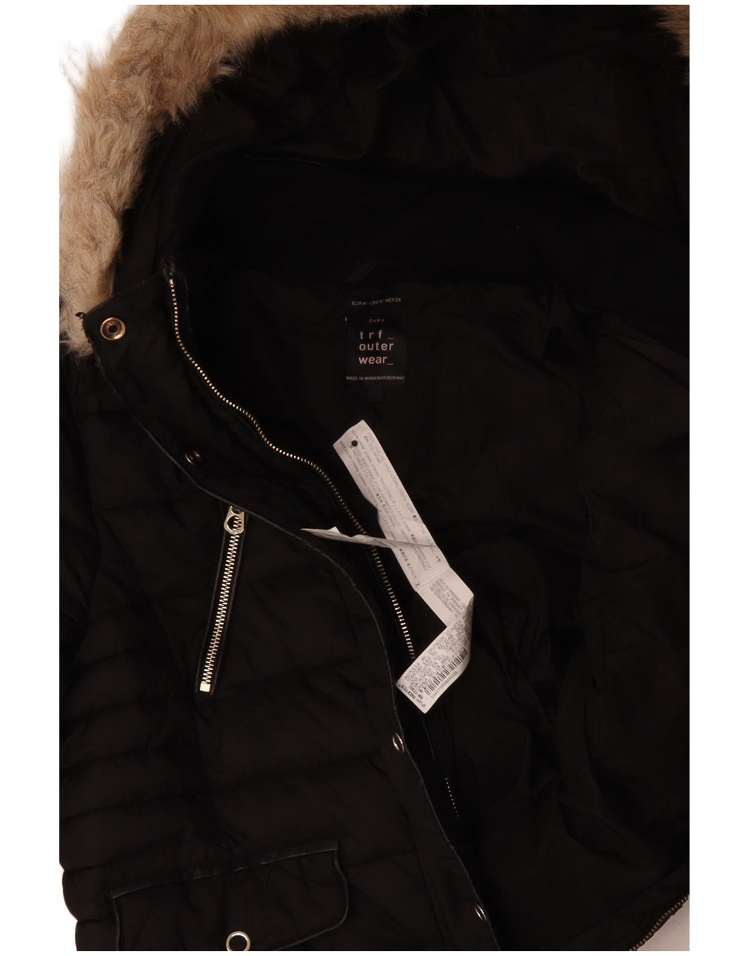 Giacca imbottita con cappuccio da donna Zara UK 14 poliestere nero medio