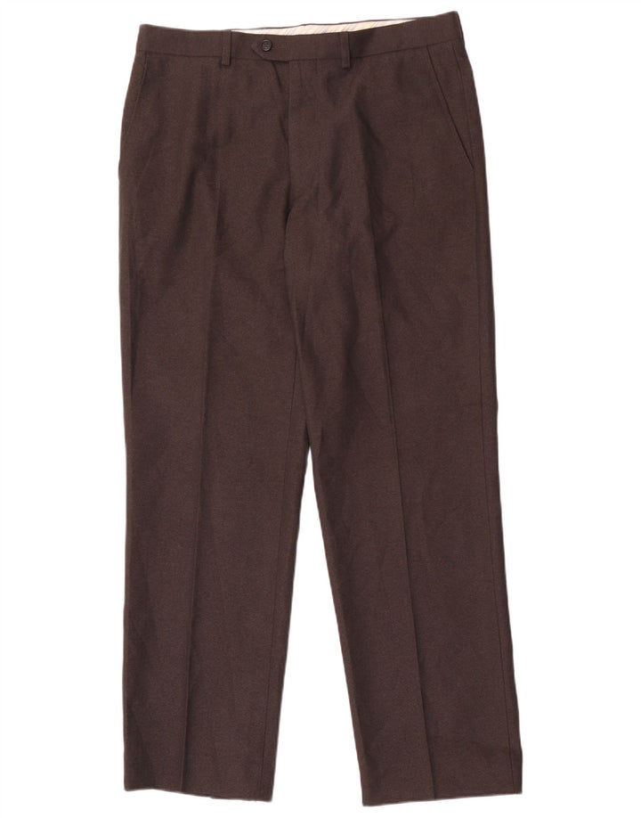 Pantaloni da abito dritti da uomo Marks & Spencer W34 L31 Marrone a spina di pesce