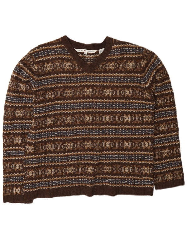 Maglione maglione con scollo a V da donna Tommy Hilfiger UK 14 Large Marrone Fair Isle