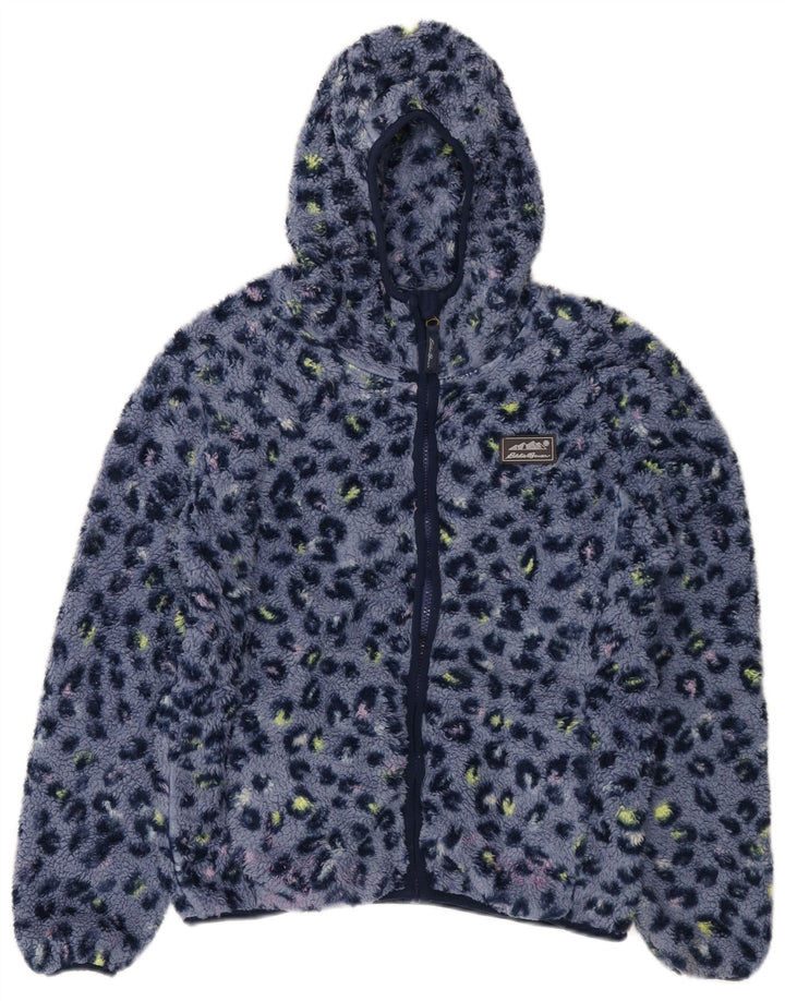 EDDIE BAUER Giacca in pile con cappuccio per ragazze 13-14 anni Grande stampa animalier blu