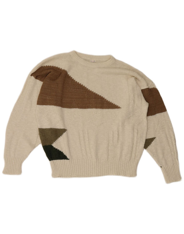 Maglione girocollo da ragazza vintage 13-14 anni in cotone geometrico bianco
