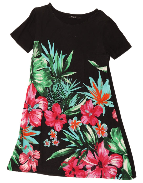 Abito Desigual da donna a linea A UK 14 grande nero floreale