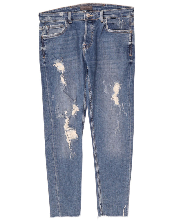 Jeans slim invecchiati da uomo Zara EU 44 Large W34 L28 cotone blu