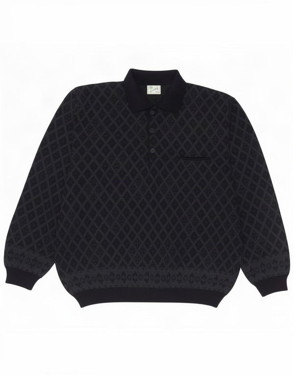 Maglione vintage da uomo con collo a polo XL Lana geometrica blu navy
