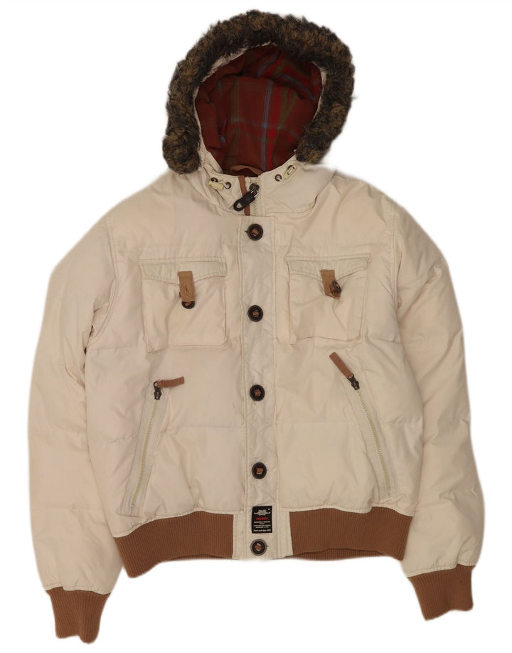 Giacca imbottita con cappuccio grafica da uomo Charro UK 36 piccola poliestere bianco