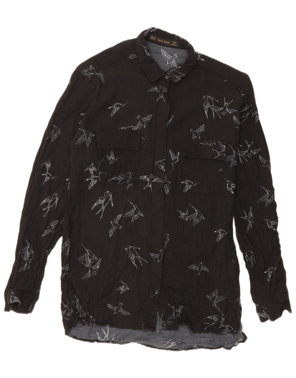 Zara Donna Camicia Oversize con Grafica Camicetta UK 6 XS Nera Viscosa