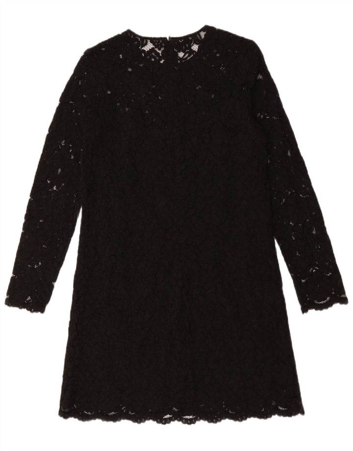 Abito a trapezio a maniche lunghe da donna vintage UK 12 Poliestere floreale nero medio