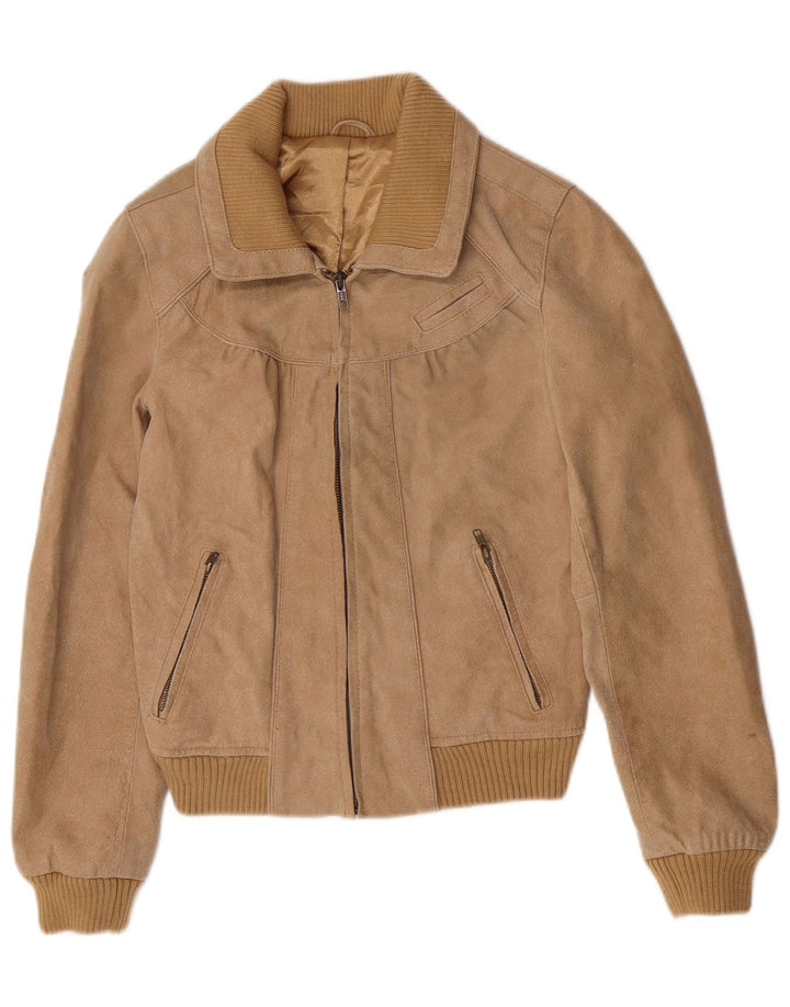Giubbotto bomber in pelle scamosciata vintage da donna UK 12 in pelle beige media