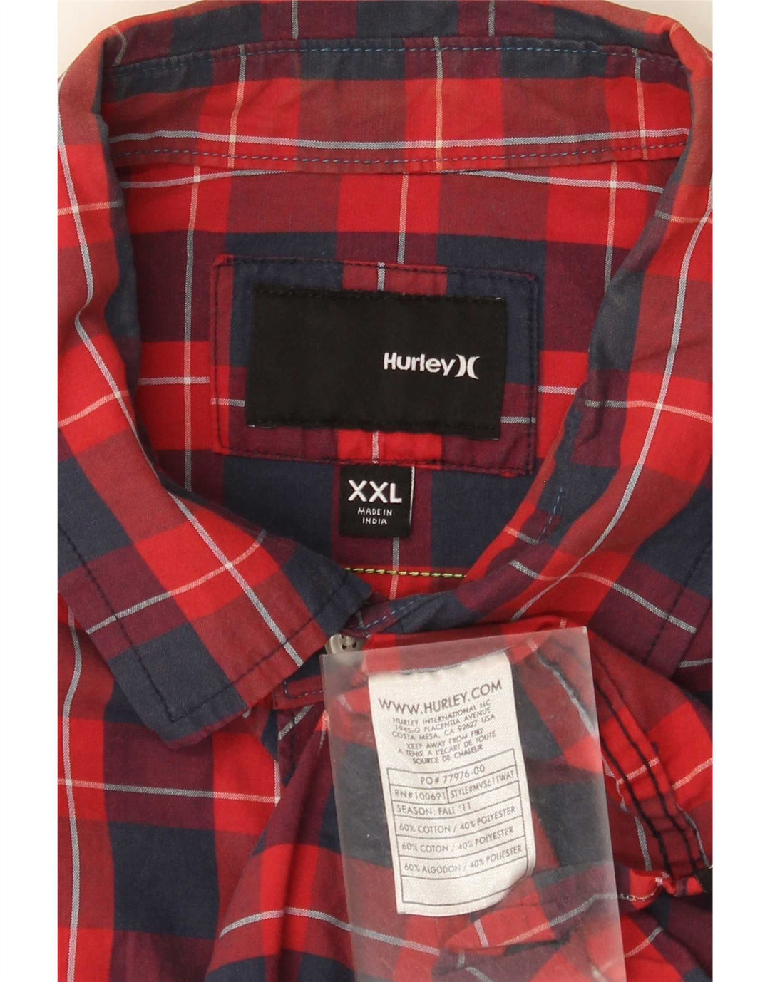 Camicia a maniche corte con grafica Hurley da uomo 2XL in cotone a quadri rossi