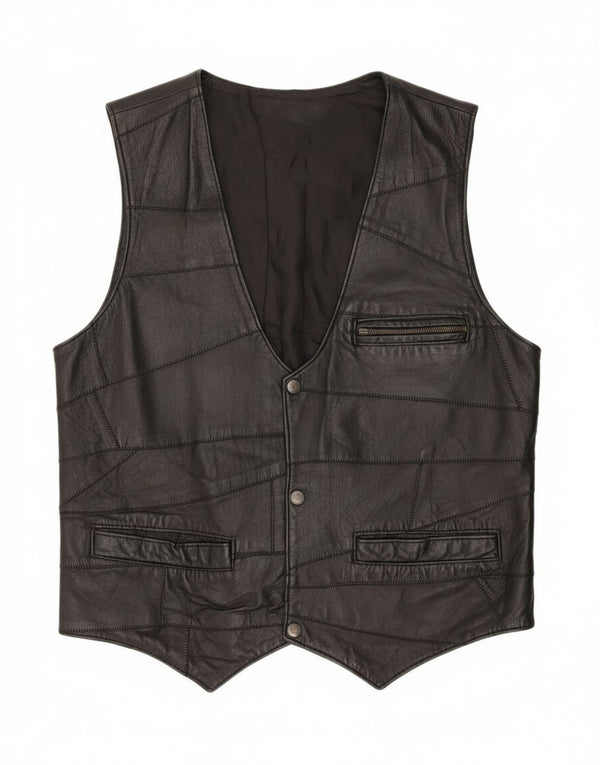 Gilet in pelle da uomo vintage piccolo patchwork nero