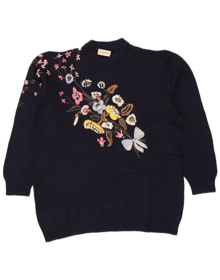 Maglione maglione girocollo da donna ALTA MODA UK 16 Grande blu navy floreale