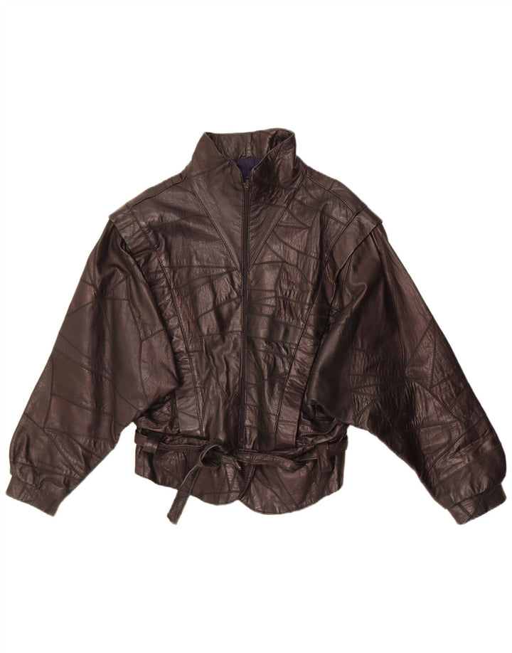 Giacca in pelle vintage da donna UK 12 Patchwork medio nero