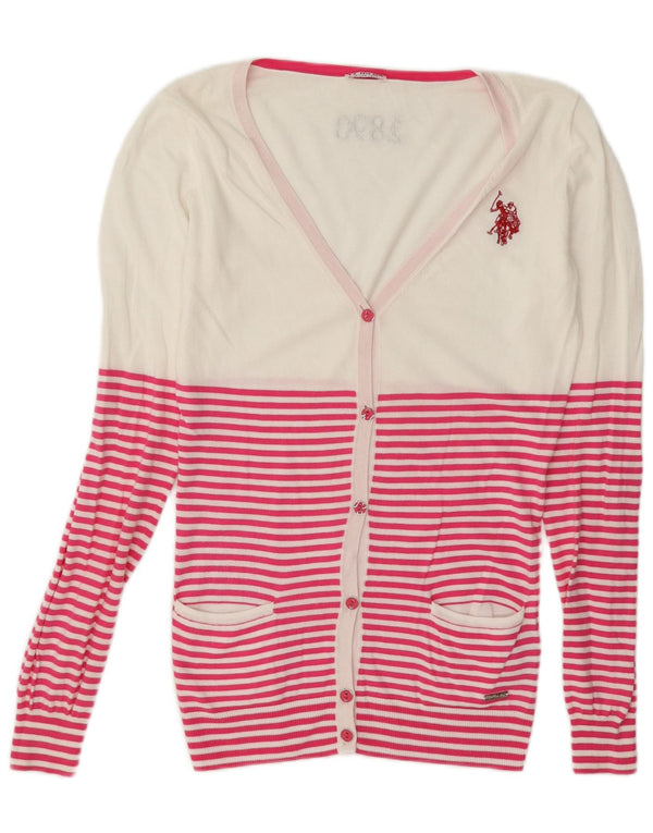 Polo Assn. Maglione cardigan da donna UK 10 Piccolo cotone a righe bianche