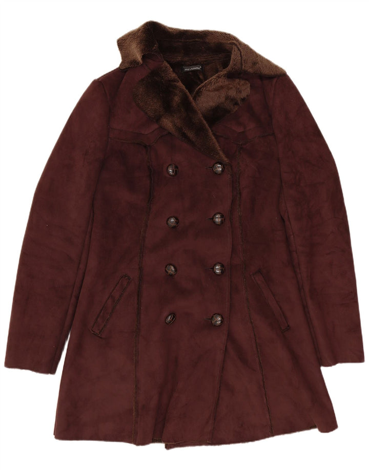 Cappotto doppiopetto sherpa da donna vintage UK 8 piccolo marrone