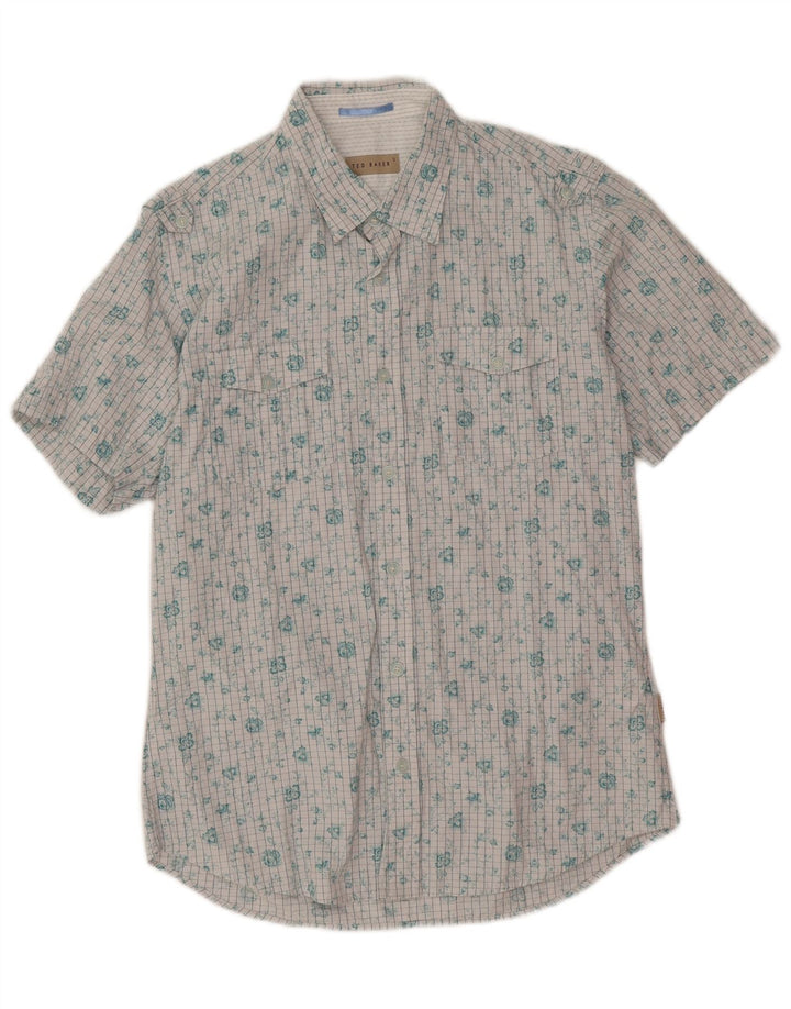 Ted Baker Camicia a maniche corte da uomo taglia 3 cotone floreale bianco medio