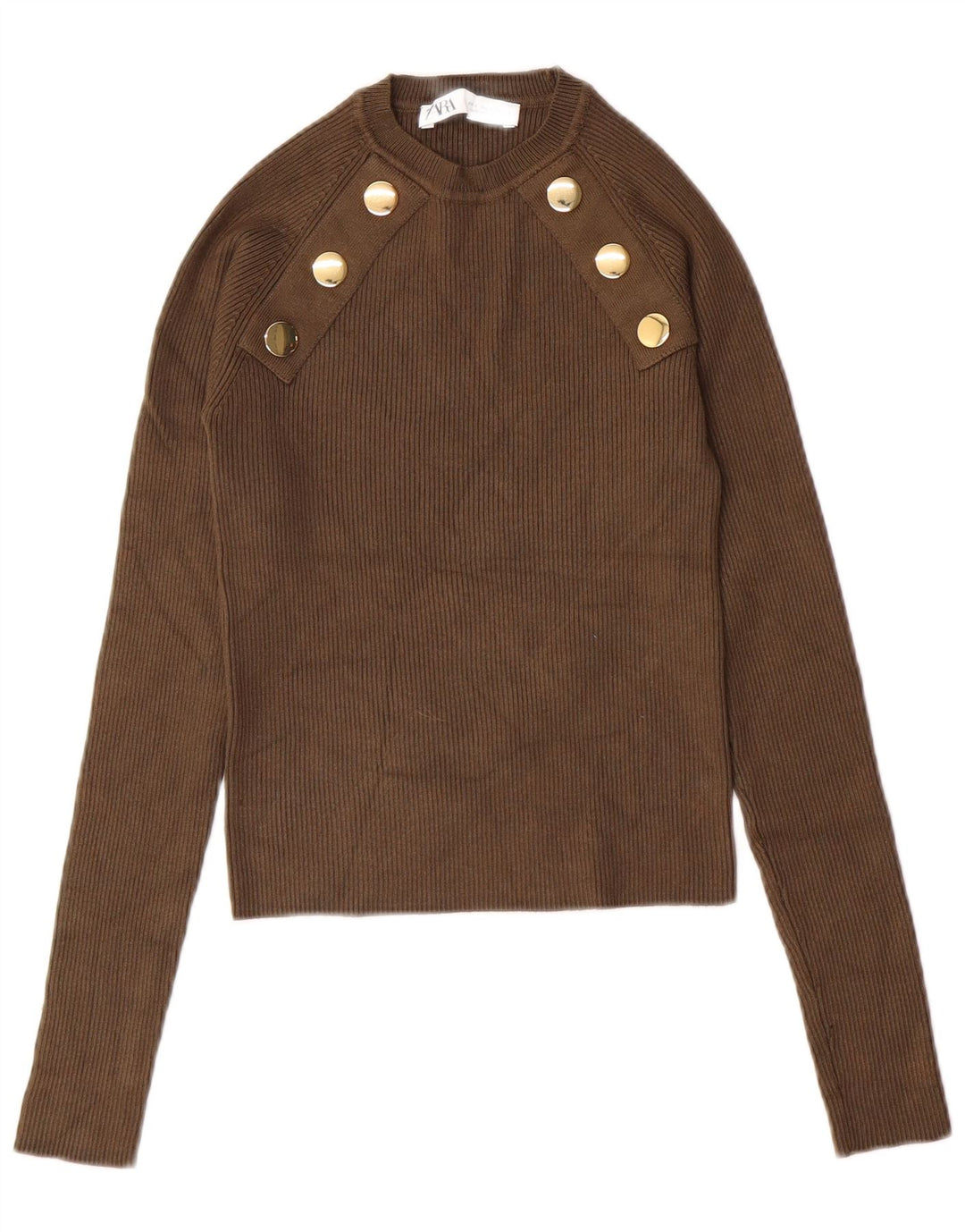 ZARA Maglione Corto Girocollo da Donna UK 8 Piccolo Cachi