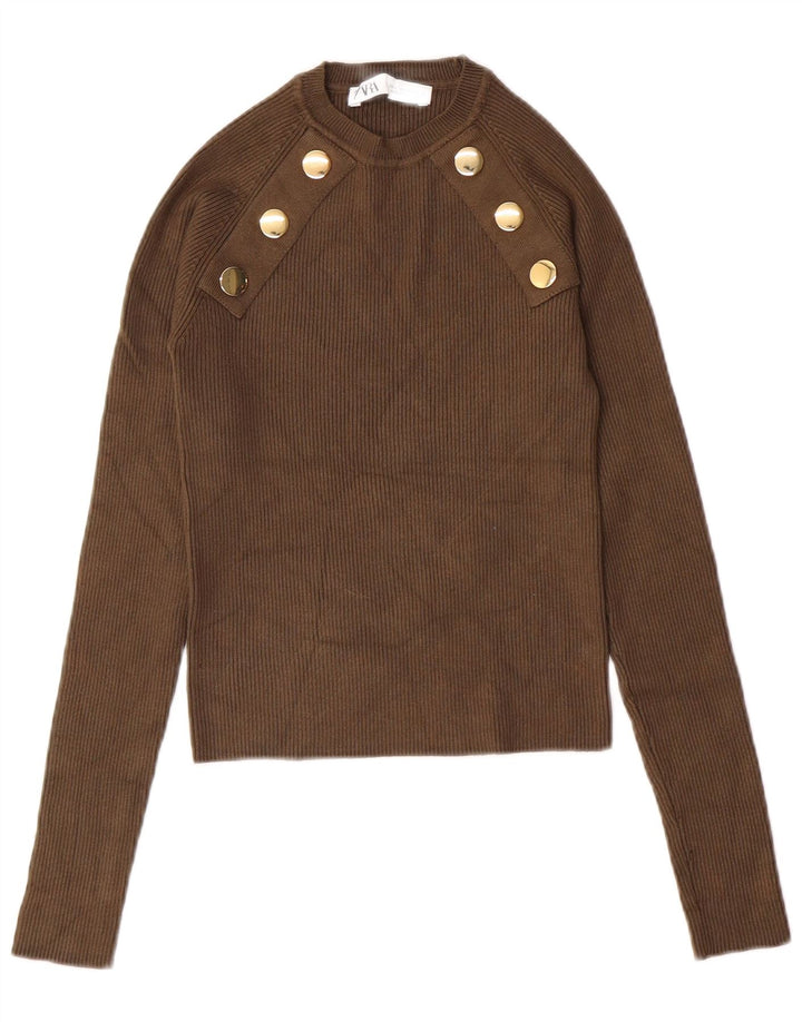 ZARA Maglione Corto Girocollo da Donna UK 8 Piccolo Cachi