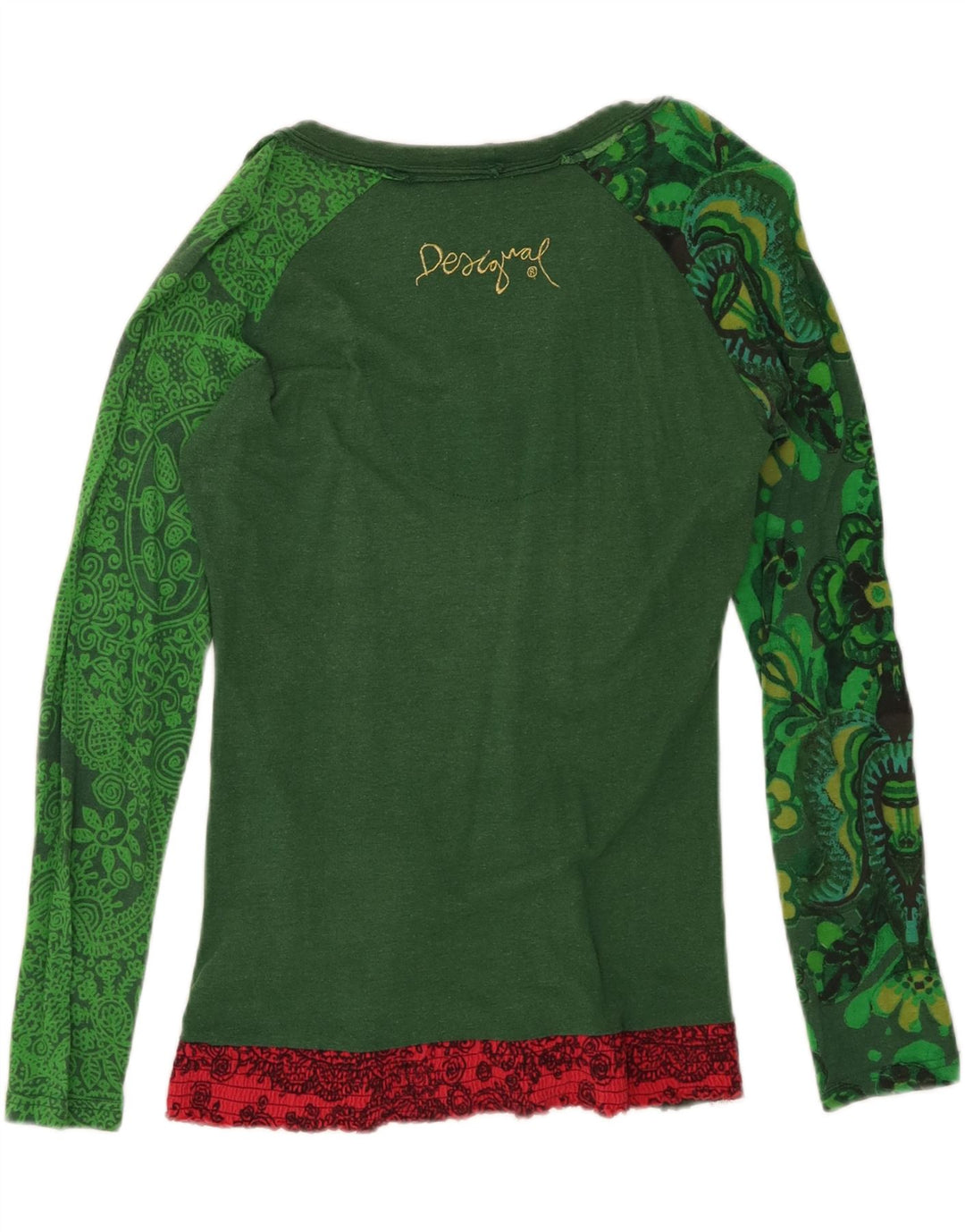 Desigual Donna Graphic Top Manica Lunga UK 14 Cotone Verde Medio