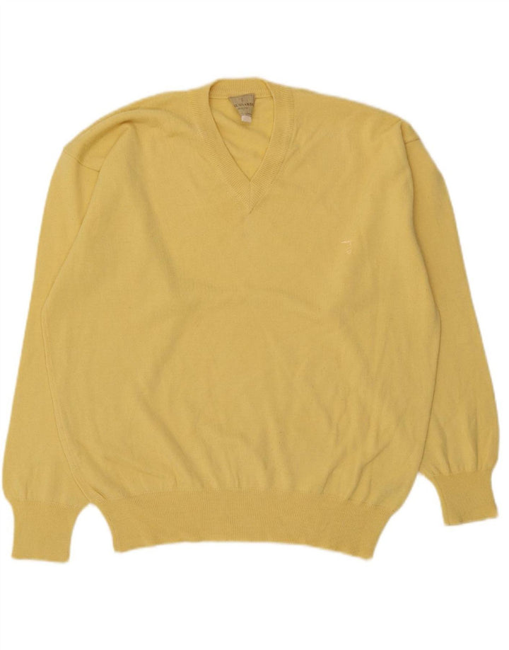 TRUSSARDI Mens V-Neck Jumper Sweater Large Yellow Merino Wool