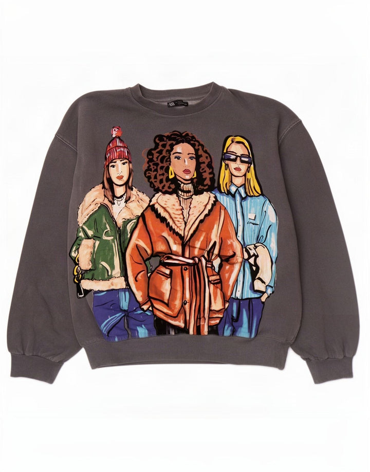 Felpa oversize con grafica Zara da donna, maglione UK 10, piccola, cotone grigio