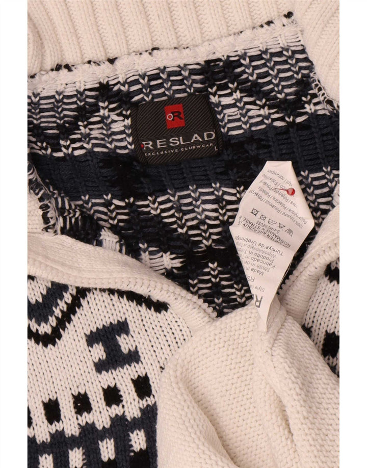 Maglione vintage da uomo con zip sul collo, grande poliacrilico geometrico bianco