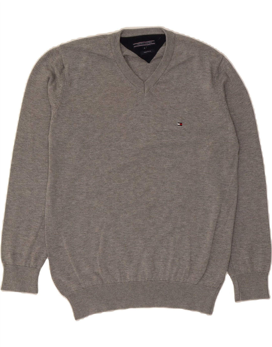 TOMMY HILFIGER Mens V-Neck Jumper Sweater Small Grey Cotton Vintage Tommy Hilfiger and Second-Hand Tommy Hilfiger from Messina Hembry 