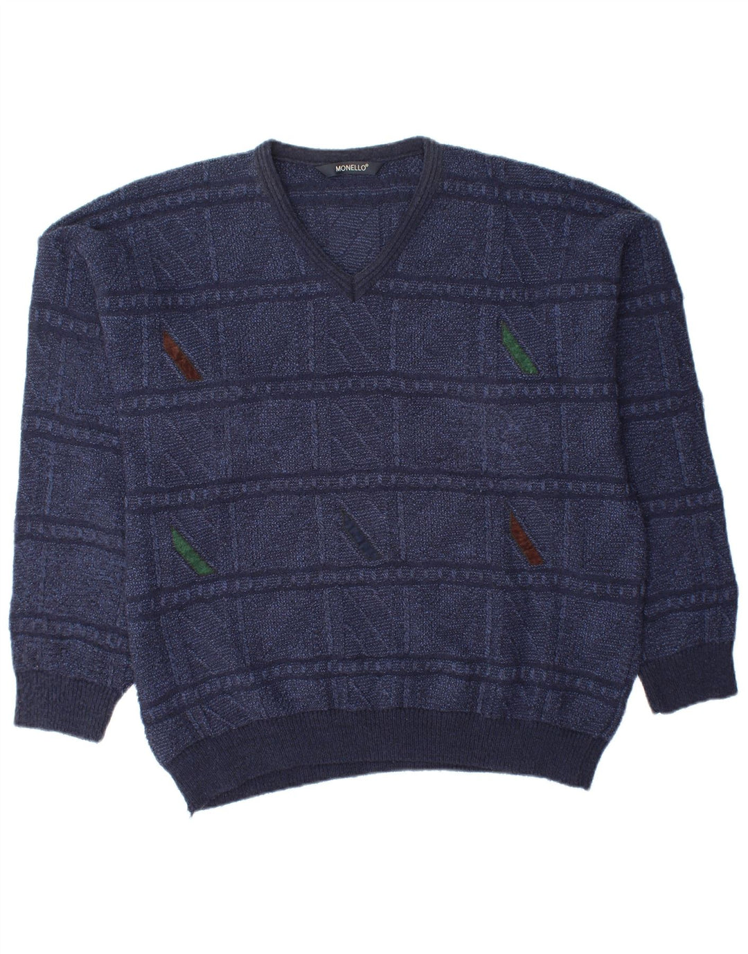 MONELLO Mens V-Neck Jumper Sweater IT 50 Medium Navy Blue Geometric Wool