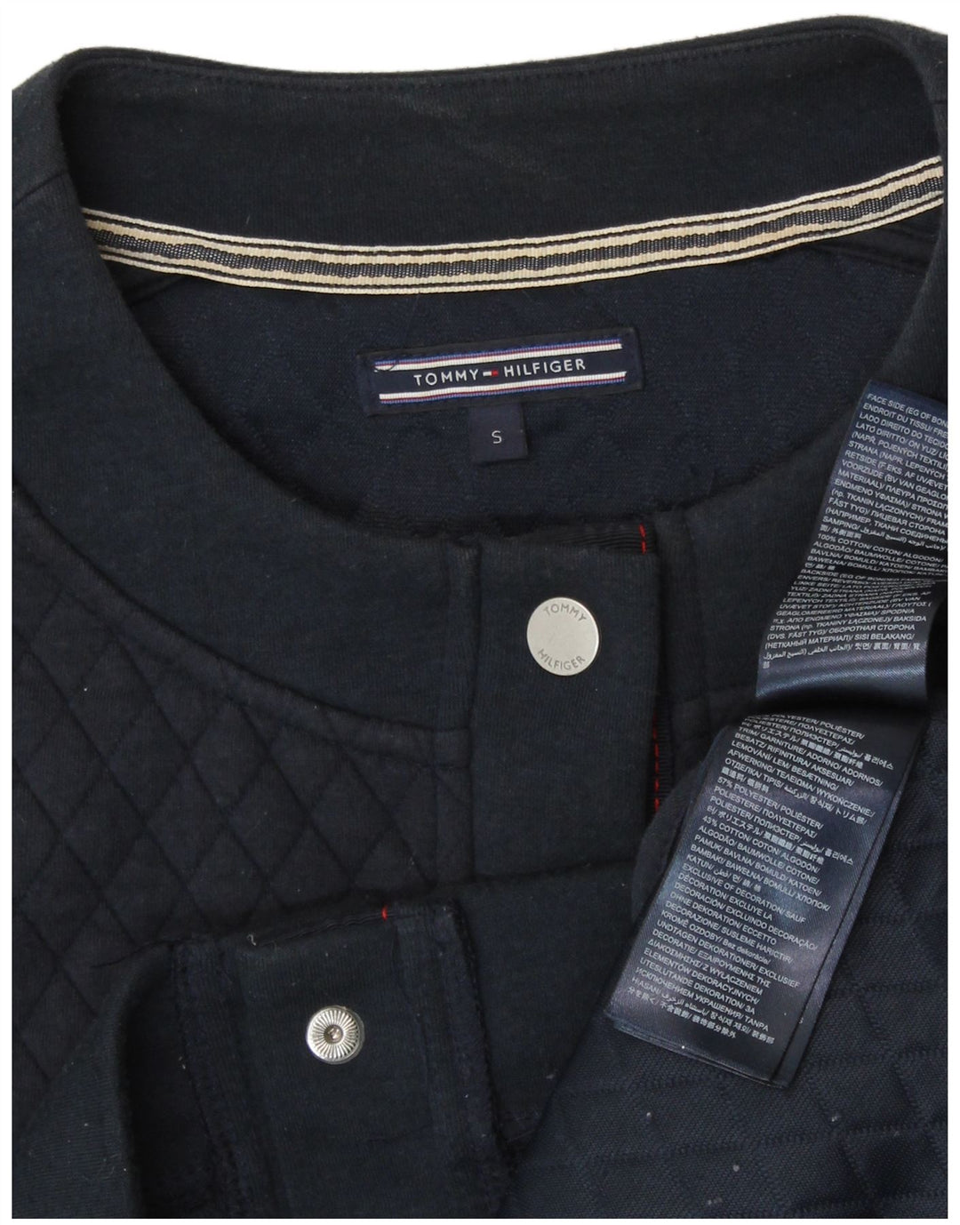 TOMMY HILFIGER Top cardigan corto da donna vestibilità ampia UK 10 piccolo blu navy