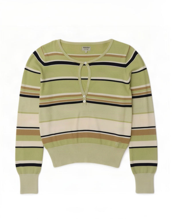 Maglione da donna Woolrich con collo a bottoni, UK 14, cotone a righe grandi verdi