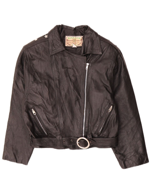 Giacca da motociclista in pelle corta da donna vintage UK 12 pelle nera media