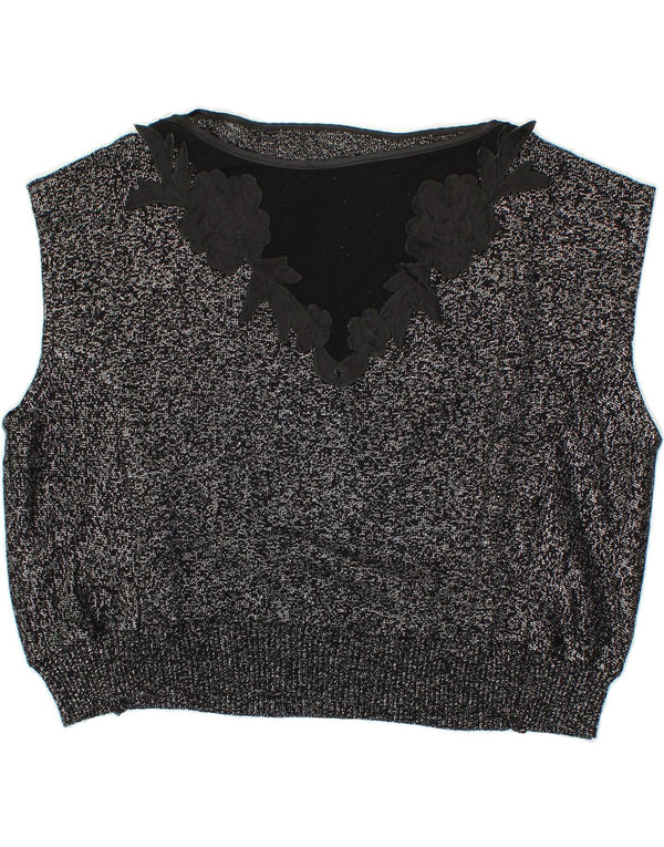 VINTAGE Womens Vest Tank Top UK 14 Medium Silver Floral