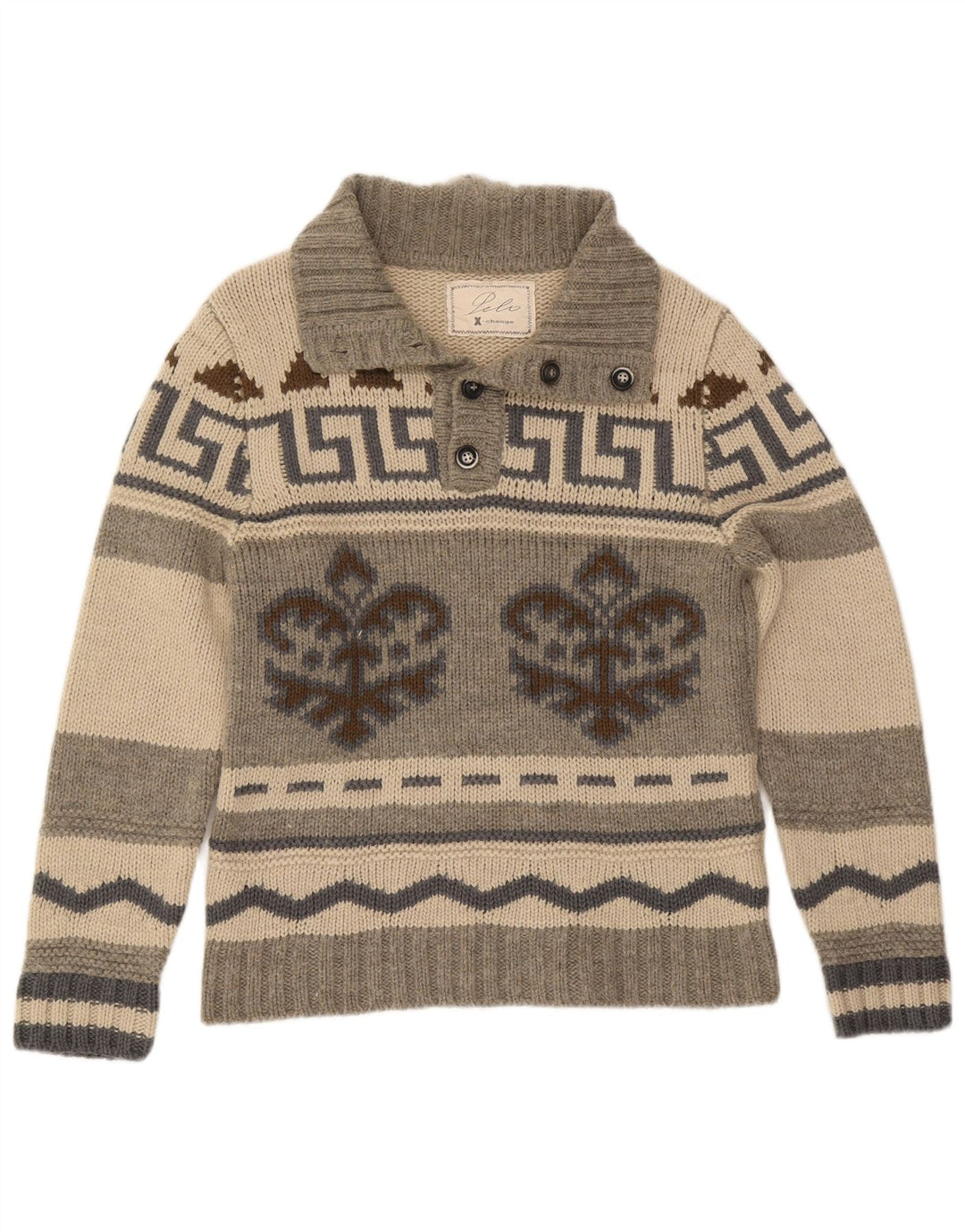 Maglione vintage da uomo con collo a bottoni IT 50 Grigio medio Fair Isle