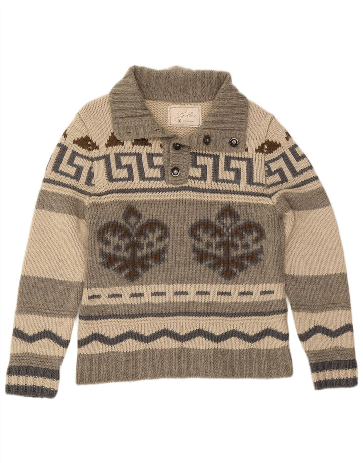 Maglione vintage da uomo con collo a bottoni IT 50 Grigio medio Fair Isle