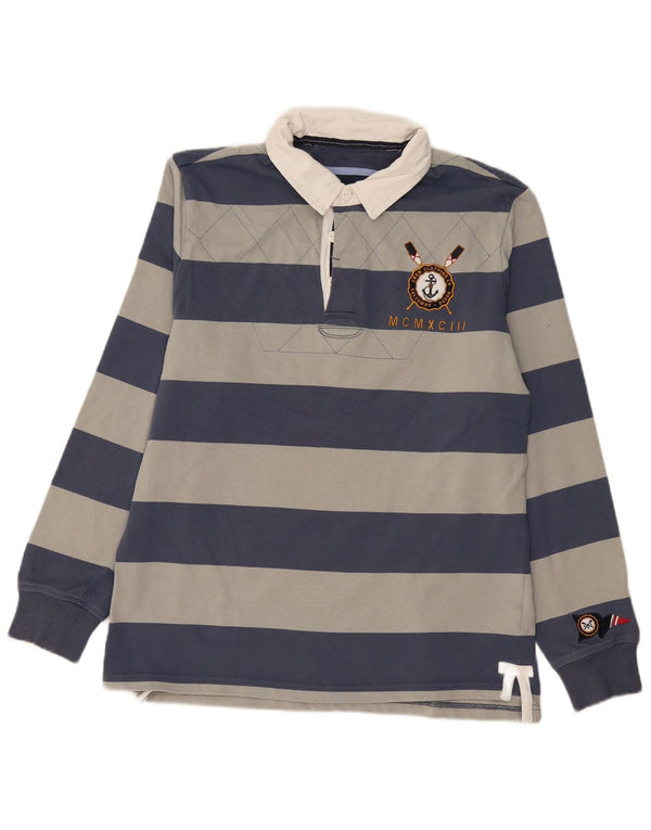 CREW CLOTHING Polo da rugby a maniche lunghe con grafica da uomo a righe grigie grandi