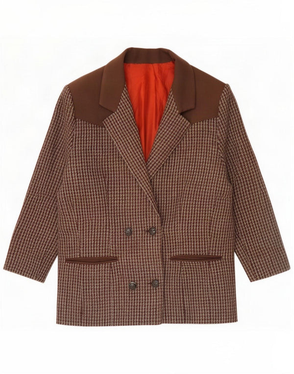 Giacca blazer doppiopetto vintage da donna UK 16 grande pied de poule marrone