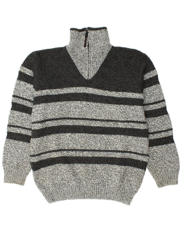 Maglione vintage da uomo con zip e collo in acrilico a righe grigio medio